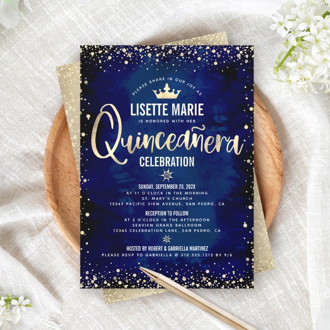 Quinceañera Navy Gold Foil Glitzer Princess Crown Einladung (Von Creator hochgeladen)