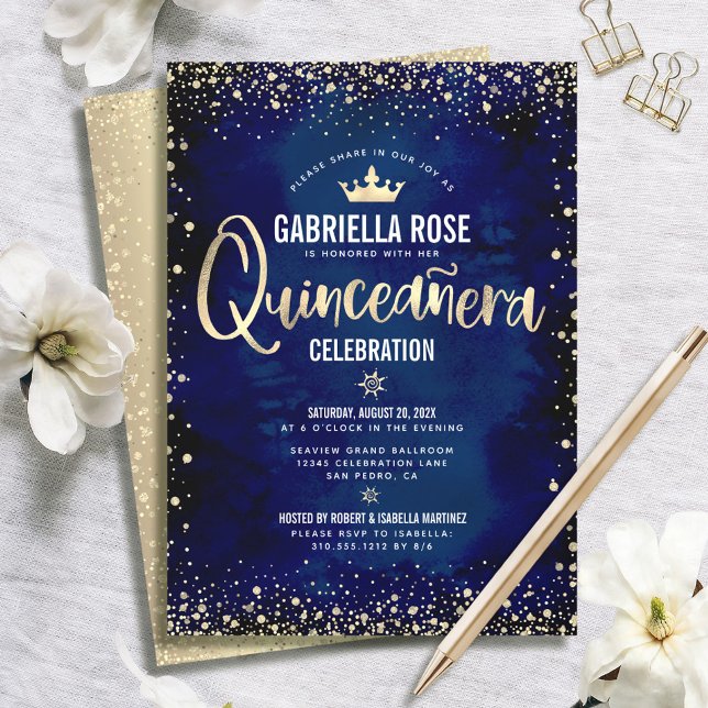 Quinceañera Navy Gold Glitzer Forelle Princess Cro Einladung (Von Creator hochgeladen)