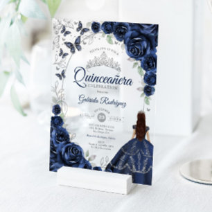 Quinceanera Navy Silber Blumen Acryleinladungen