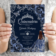 Quinceanera Navy Silber Schmetterlinge Rosen
