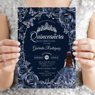 Quinceanera Navy Silber Schmetterlinge Rosen Einladung