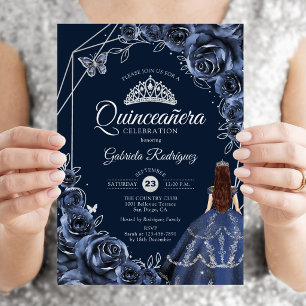 Quinceanera-Navy-Silber-Schmetterlingskleid Blumen Einladung