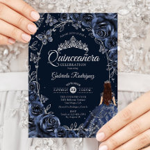 Quinceanera Navy Silver Butterflies Roses