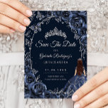 Quinceanera Navy Silver Butterflies Roses Save The Date<br><div class="desc">Navy and silver Quinceanera celebration save the date card. Features brunette girl in ball gown dress,  silver butterflies,  watercolor roses tiara and script font. Perfect for an elegant princess style glam celebration. Personalize with your own details. Printed Zazzle cards or instant download digital printable template.</div>