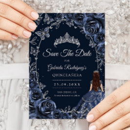 Quinceanera Navy Silver Butterflies Roses Save The Date