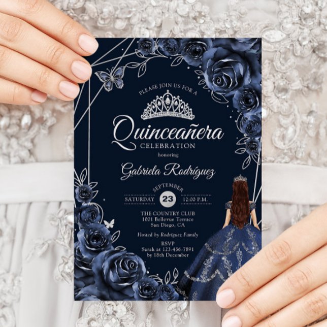 Quinceanera Navy Silver Butterfly Dress Floral Einladung (Von Creator hochgeladen)