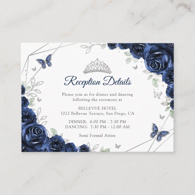 Quinceanera Navy Silver Floral Details Begleitkarte (Vorderseite)