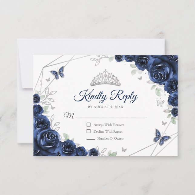 Quinceanera Navy Silver Floral Reply RSVP Karte (Vorderseite)