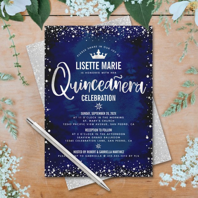 Quinceañera Navy Silver Glitzer Princess Crown Einladung (Von Creator hochgeladen)