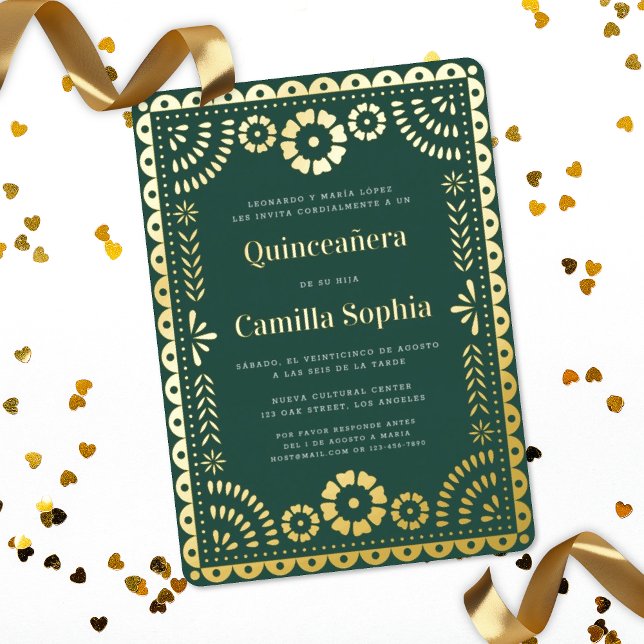 Quinceañera Papel Picado Dark Green Gold Folieneinladung (Von Creator hochgeladen)