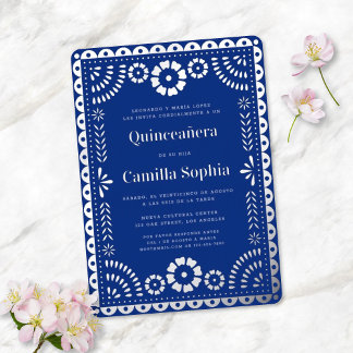 Quinceañera Papel Picado Elegante Royal Blue Silve Folieneinladung