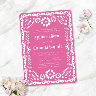 Quinceañera Papel Picado Elegantes Bright Pink Einladung