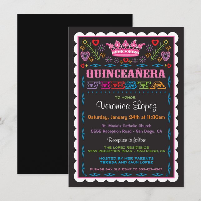 Quinceañera Papel Picado Fiesta Einladung (Vorne/Hinten)