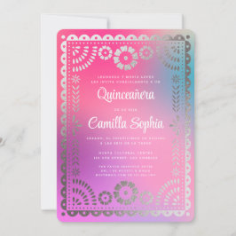 Quinceañera Papel Picado Fun Gradient Pink Silver Einladung