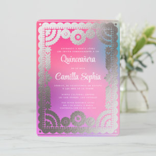 Quinceañera Papel Picado Fun Gradient Pink Silver Einladung