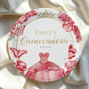 Quinceanera Paper Teller Red Dress Floral Gold