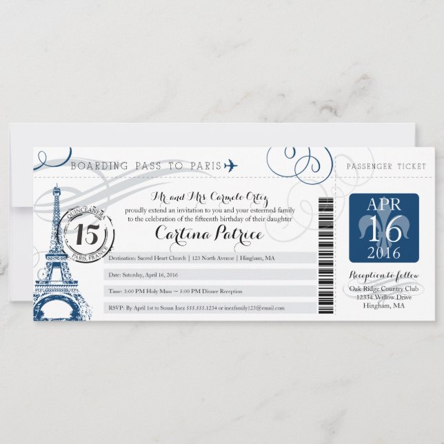 Quinceanera | Paris Boarding Pass Einladung (Vorderseite)