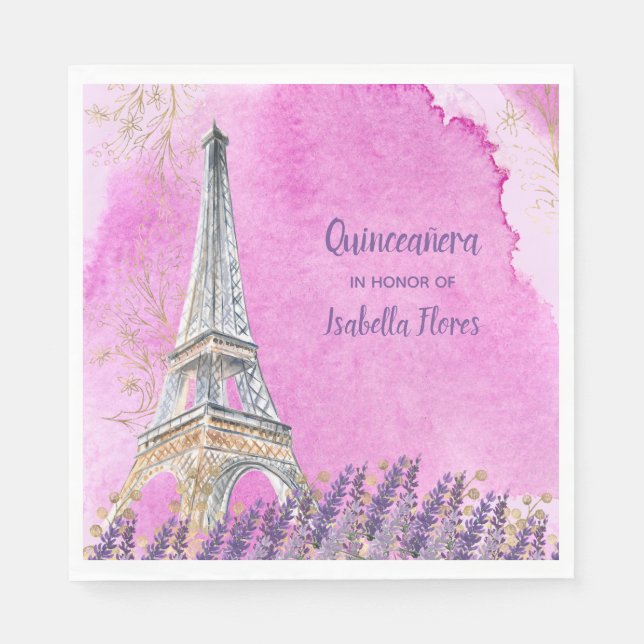 Quinceanera Paris Eiffel Tower Pink Wasserfarbe Serviette (Vorderseite)