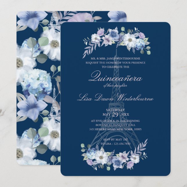 Quinceañera Paris Eiffelturm Wasserfarbener Blumen Einladung (Vorne/Hinten)