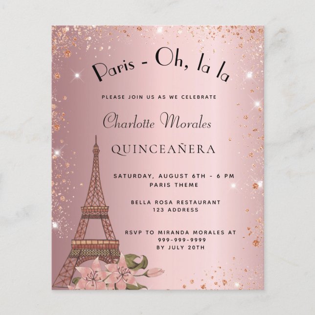 Quinceanera Paris Rosa Budget Einladung Flyer (Vorne)