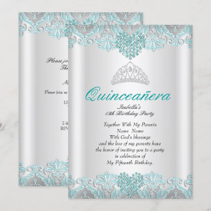 Quinceanera Party Aquamarin Blue Hearts Lace Tiara Einladung