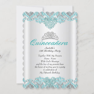 Quinceanera Party Aquamarin Blue Hearts Lace Tiara Einladung
