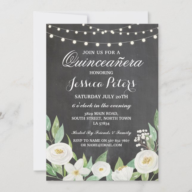 Quinceanera Party Chalk Fleurs blanches Invitation (Devant)