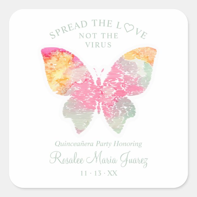 Quinceañera Party Chic Butterfly Sanitizer Hand Quadratischer Aufkleber (Vorderseite)