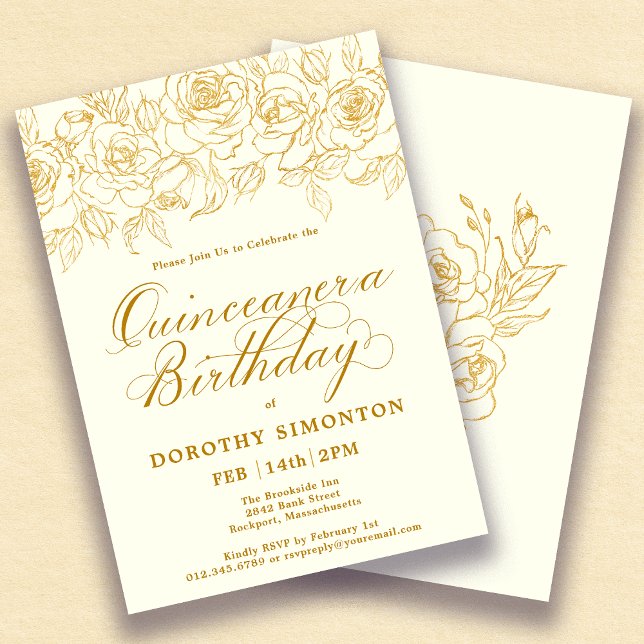 Quinceanera Party Gold Rose Flora Ivory White Einladung (Von Creator hochgeladen)