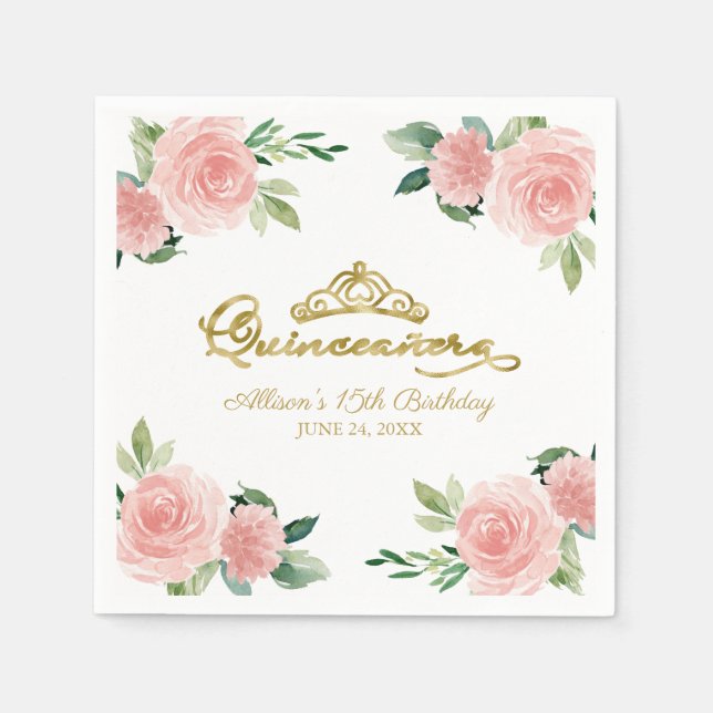 Quinceanera Party Gold Tiara Rosa Rosa Serviette (Vorderseite)