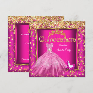 Quinceañera Party Hot Pink Dress High Heels Gold Einladung