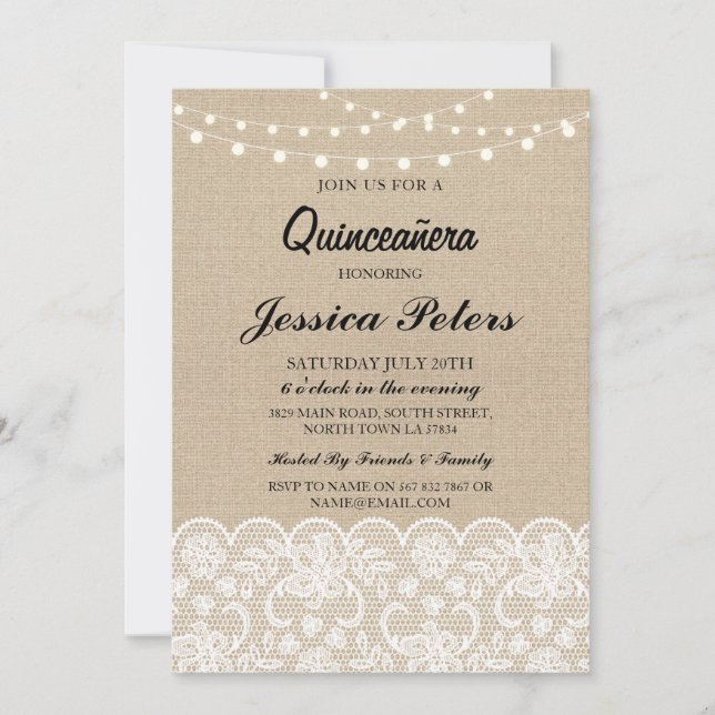 Quinceanera Party Lights Rustic Burlap Lace Einlad Einladung (Vorderseite)