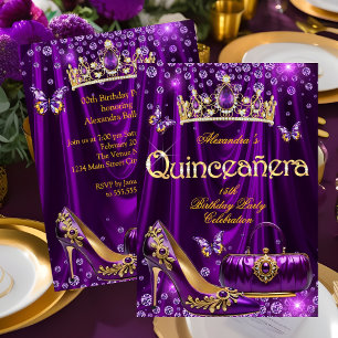 Quinceanera-Party Lila Diadem hoher goldener Absat Einladung