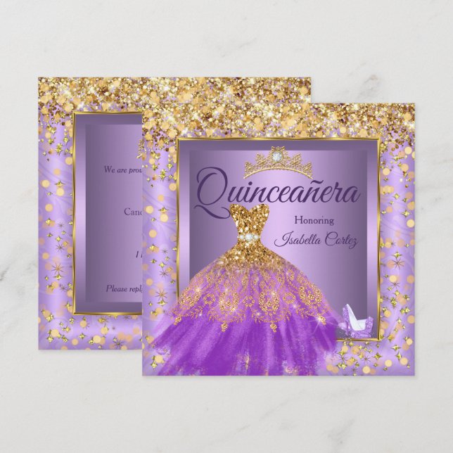 Quinceañera Party Lila Kleidung High Heels Gold Einladung (Vorne/Hinten)