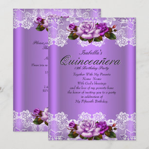 Quinceanera Party Lila Pink Roses White Lace Einladung