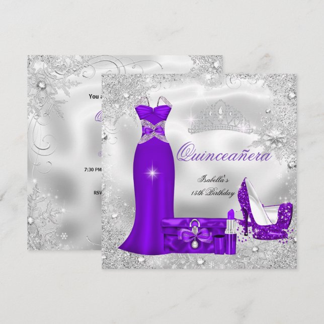 Quinceanera Party Lila Silberschneeflocken S Einladung (Vorne/Hinten)