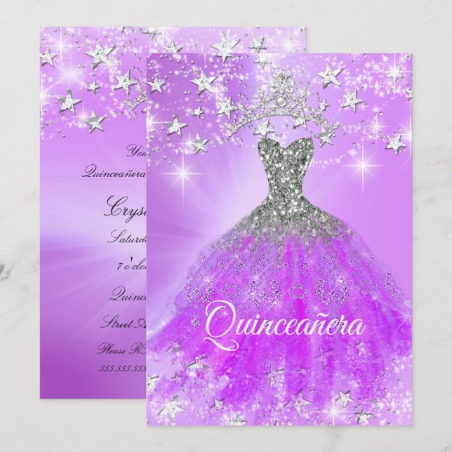Quinceanera Party Lila Sparkle Tiara Stars Einladung (Vorne/Hinten)