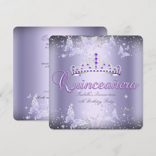 Quinceanera Party Lila Tiara Butterfly 2 Einladung (Vorne/Hinten)