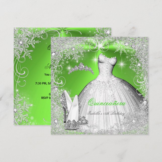 Quinceanera Party Lime Green Silver Schneeflocken Einladung (Vorne/Hinten)