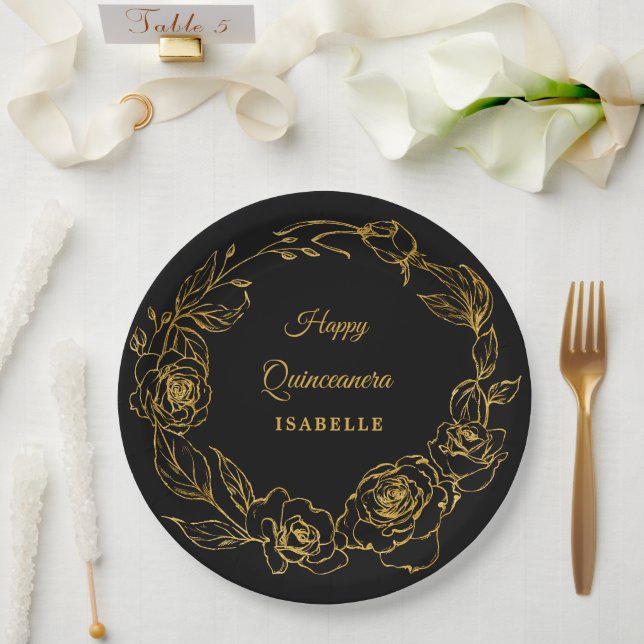 Quinceanera Party Luxe Gold Rose Floral Black Pappteller (Hochzeit)