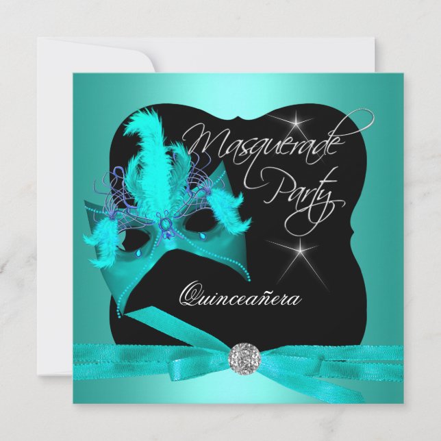 Quinceanera Party Masquerade Aquamarin Schwarz Einladung (Vorderseite)