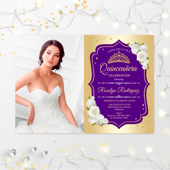 Quinceanera Party mit Foto - Gold Lila Einladung (Von Creator hochgeladen)