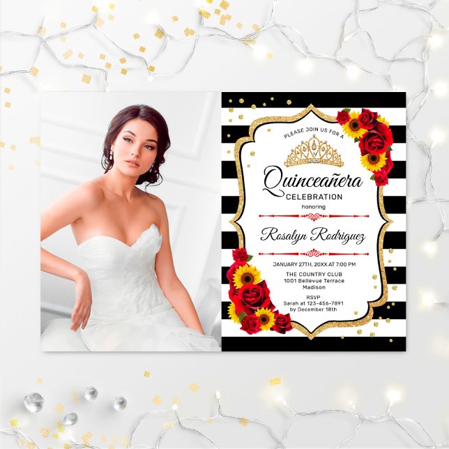Quinceanera Party mit Foto - Rose Sonnenblumen Einladung (Von Creator hochgeladen)