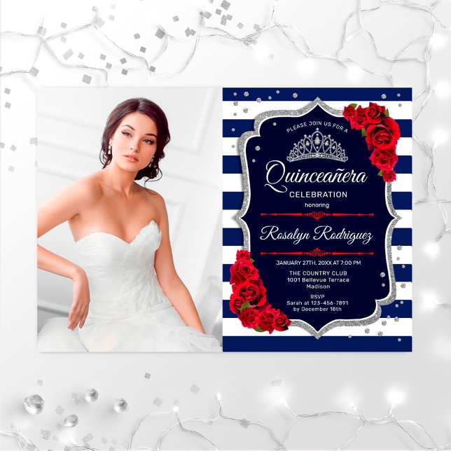 Quinceanera Party mit Foto - Rote Silberne Marine Einladung (Von Creator hochgeladen)