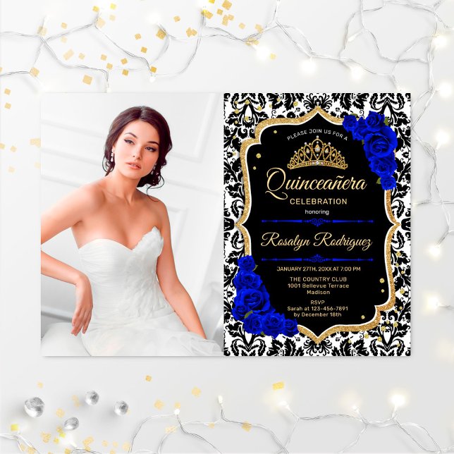 Quinceanera Party mit Foto - Royal Blue Gold Einladung (Von Creator hochgeladen)