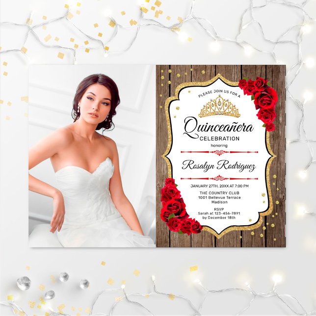 Quinceanera Party mit Foto - Rustikales Holz Gold Einladung (Von Creator hochgeladen)