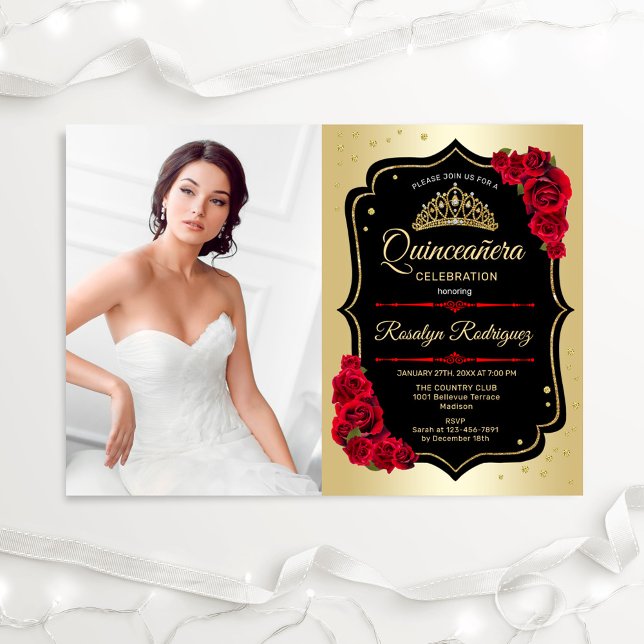 Quinceanera Party mit Foto - Schwarz-Gold Einladung (Von Creator hochgeladen)