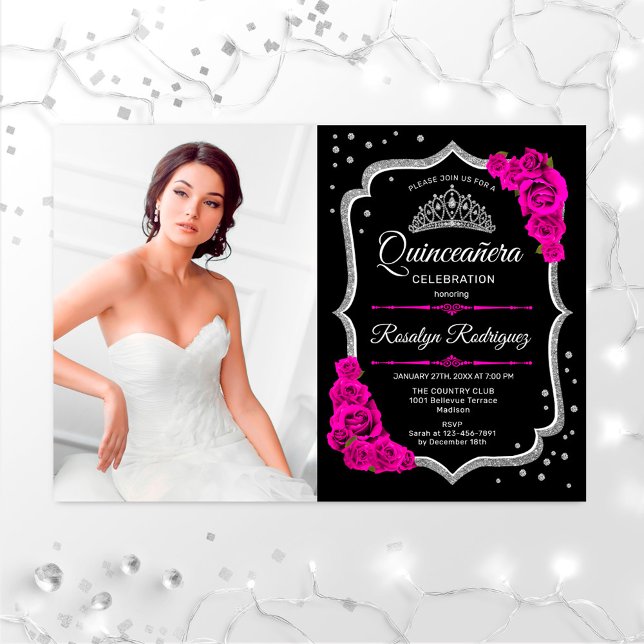Quinceanera Party mit Foto - Schwarz-Rosa-Silber Einladung (Von Creator hochgeladen)