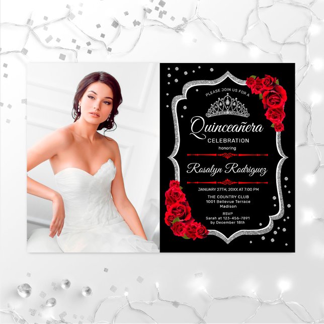 Quinceanera Party mit Foto - Schwarz-Rot-Silber Einladung (Von Creator hochgeladen)