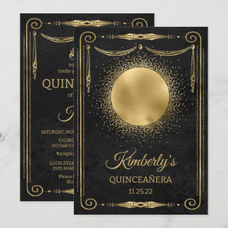 Quinceanera Party mit Foto - Schwarz und Gold Einladung